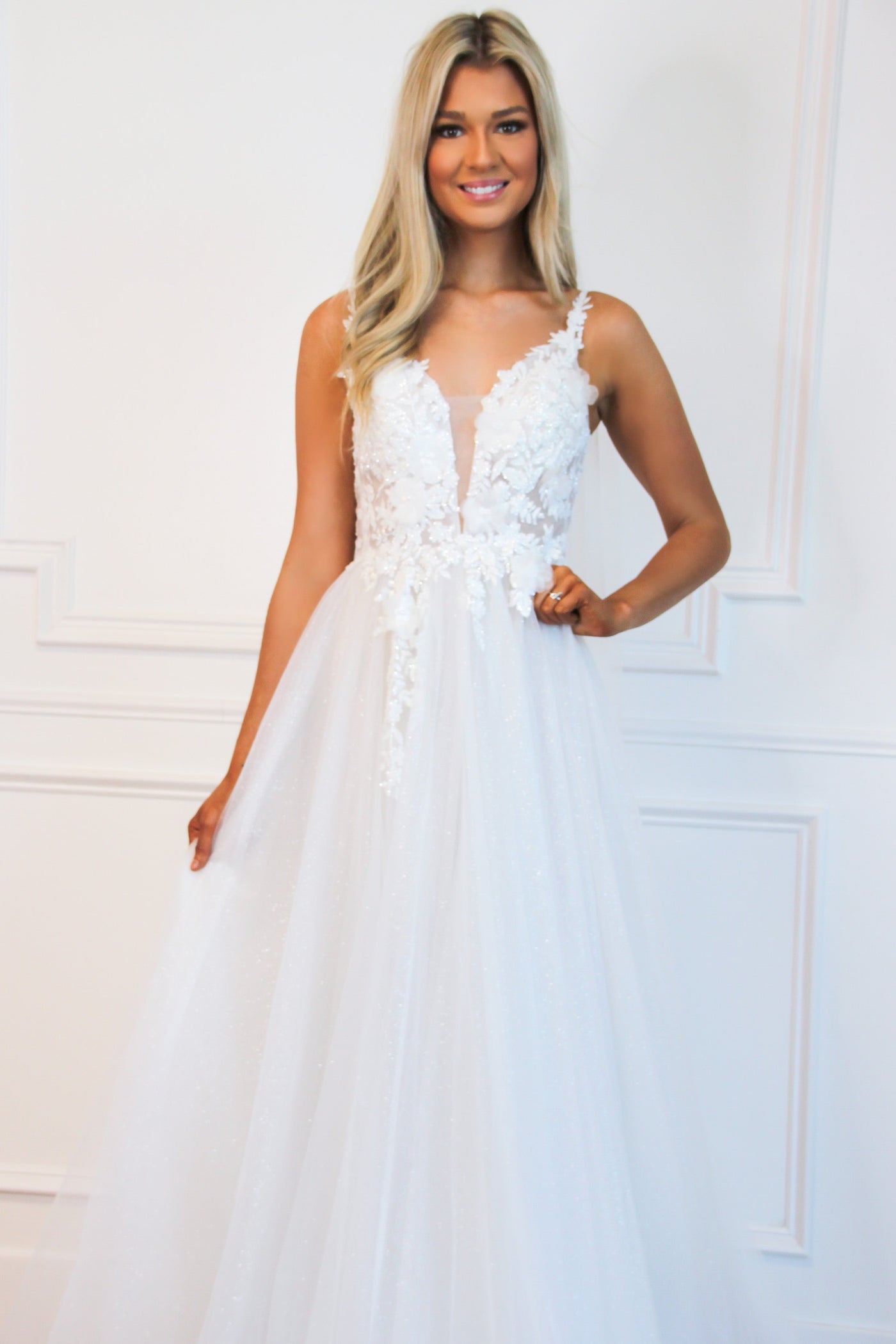 Until I Found You Sparkly Tulle Wedding Dress: Off White - Bella and Bloom Boutique