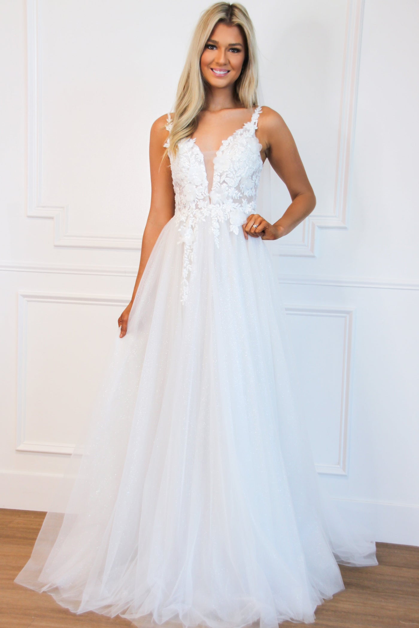 Until I Found You Sparkly Tulle Wedding Dress: Off White - Bella and Bloom Boutique