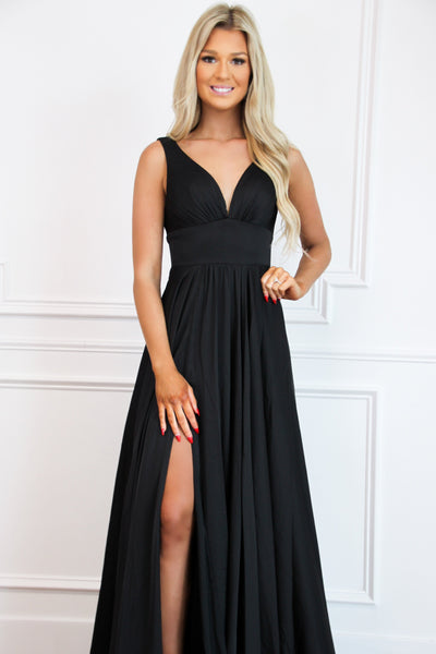 Remi Satin V-Neck Slit Formal Dress: Black - Bella and Bloom Boutique