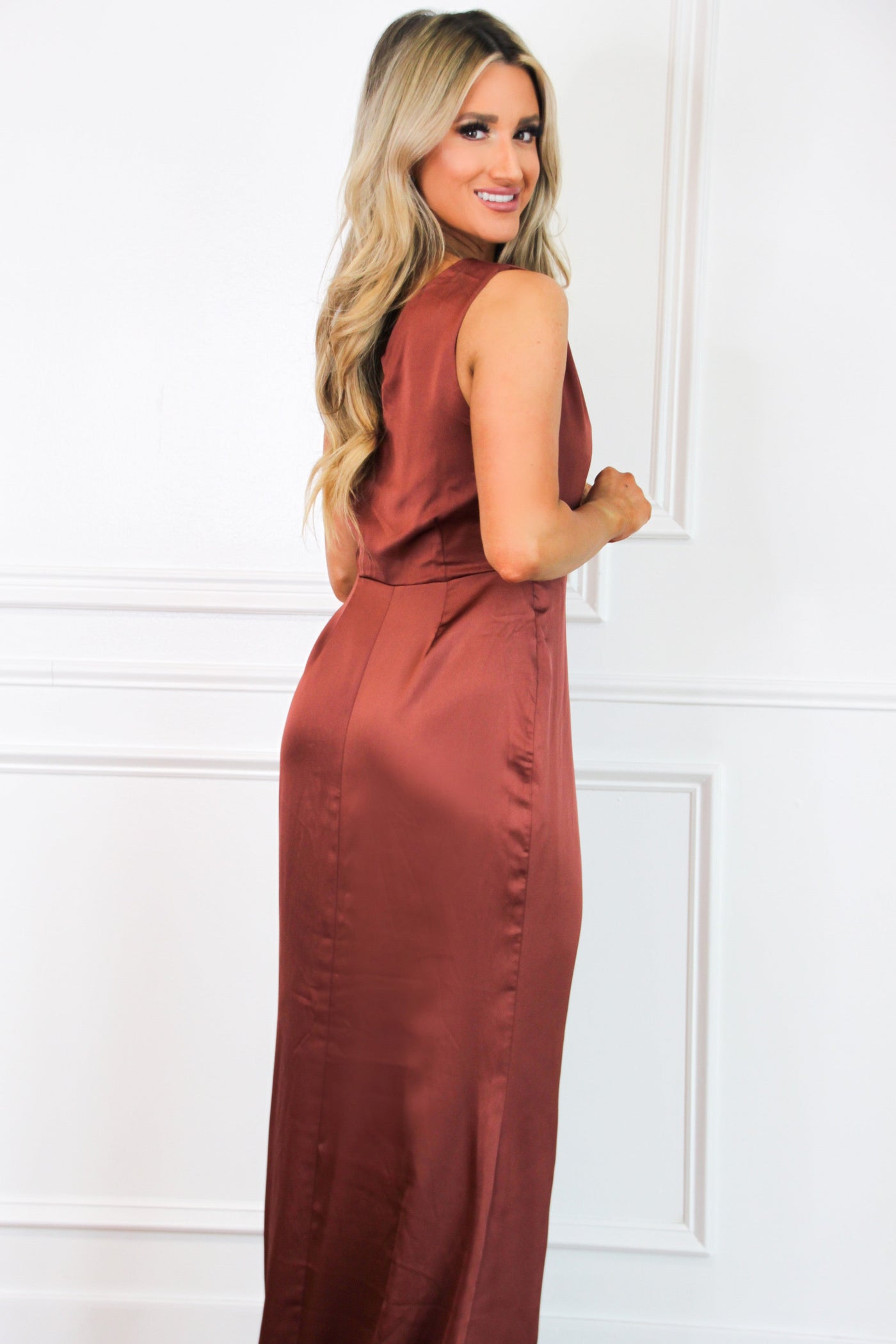 Power of Love Satin One Shoulder Maxi Dress: Rust - Bella and Bloom Boutique