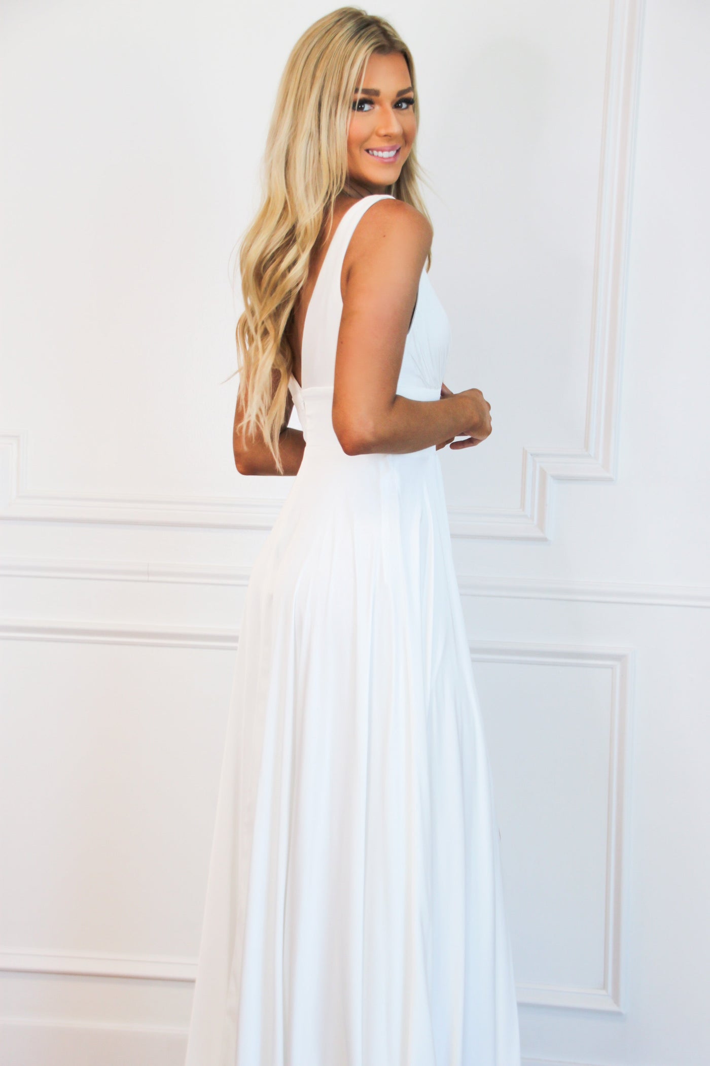 Remi Satin V-Neck Slit Formal Dress: White - Bella and Bloom Boutique