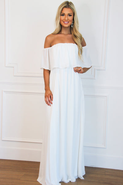 Take it Easy Off Shoulder Maxi Dress: White - Bella and Bloom Boutique