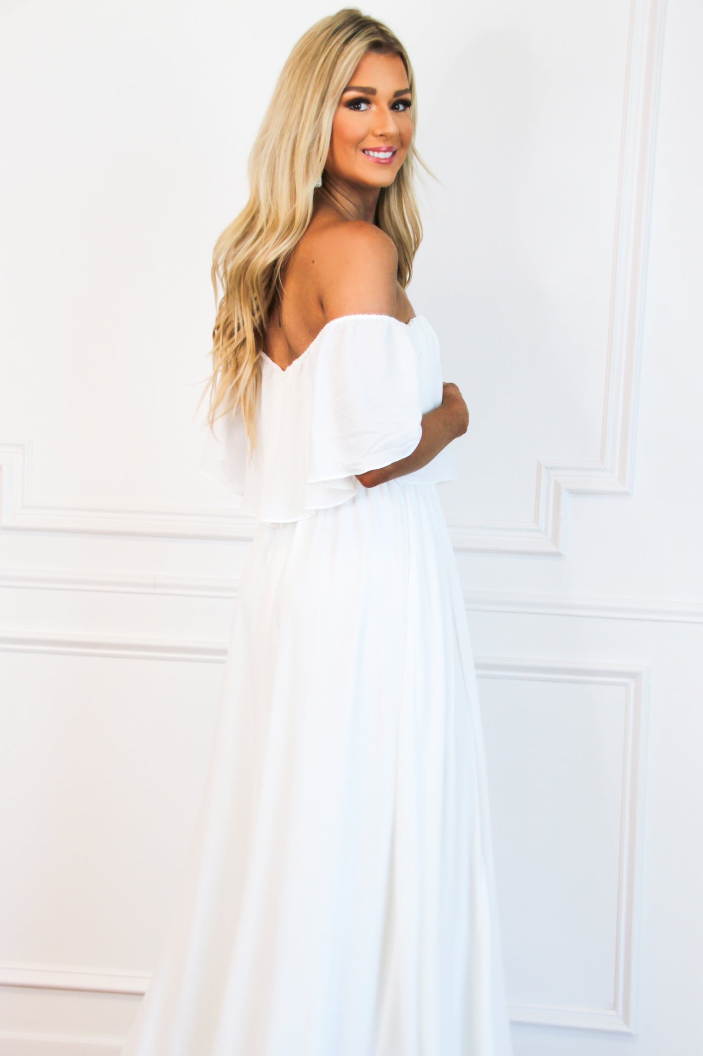 Take it Easy Off Shoulder Maxi Dress: White - Bella and Bloom Boutique