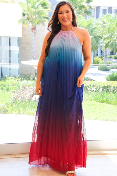 By the Water Ombre Pleated Halter Maxi Dress: Blue Multi - Bella and Bloom Boutique