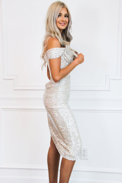 Borrowed Time Sequin Ruched Midi Dress: Champagne - Bella and Bloom Boutique