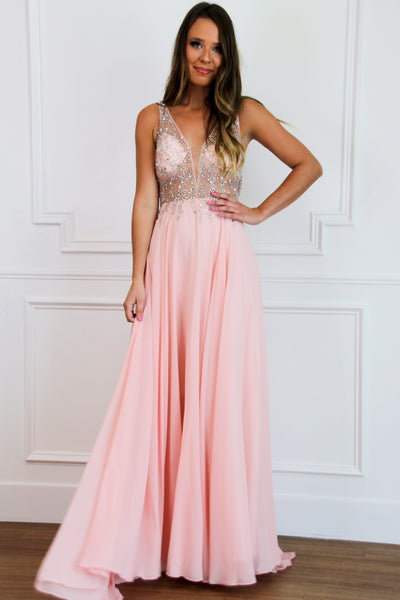 Sparkle in the Night Nude Illusion Formal Dress: Light Pink - Bella and Bloom Boutique