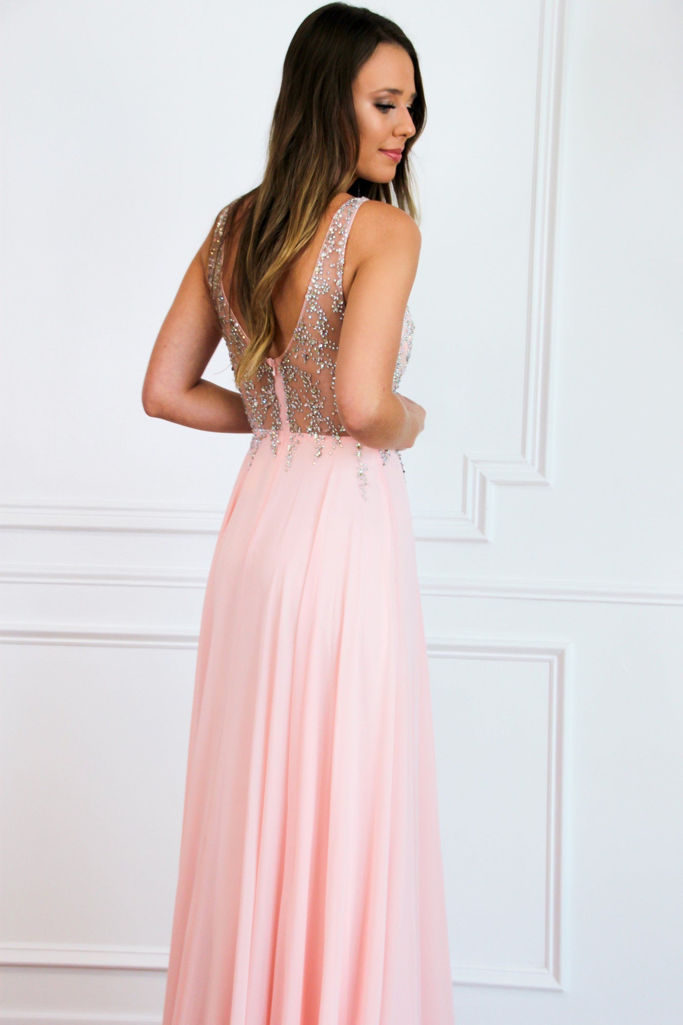 Sparkle in the Night Nude Illusion Formal Dress: Light Pink - Bella and Bloom Boutique