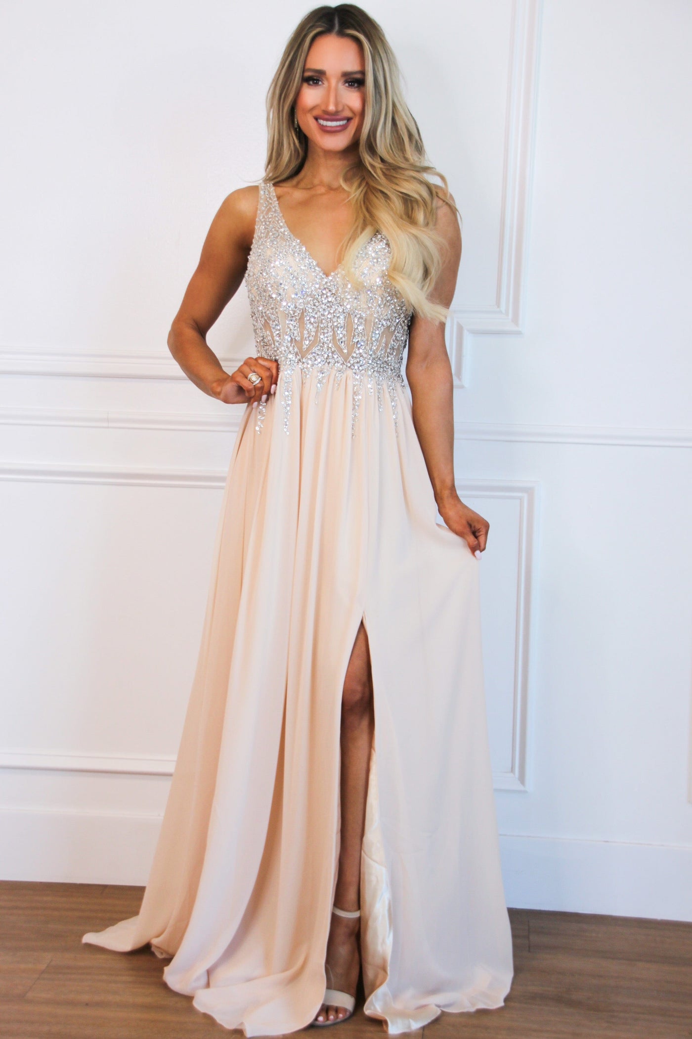 Beaded With Love Formal Dress: Champagne - Bella and Bloom Boutique