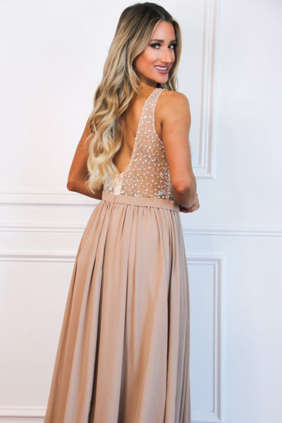 Elegant Affair Beaded Formal Dress: Taupe - Bella and Bloom Boutique