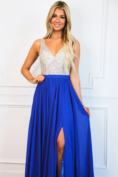 Elegant Affair Beaded Formal Dress: Royal Blue - Bella and Bloom Boutique