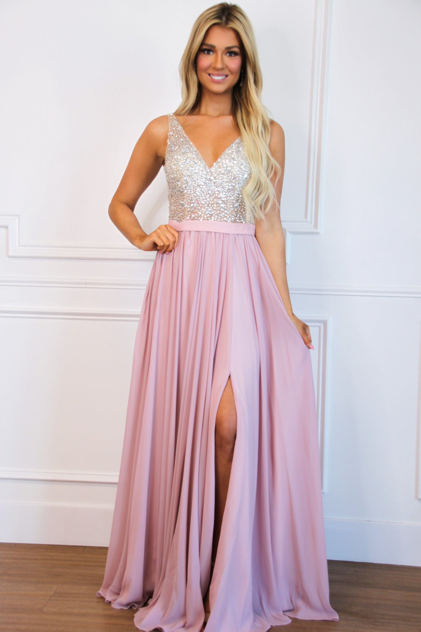 Elegant Affair Beaded Formal Dress: Blush - Bella and Bloom Boutique