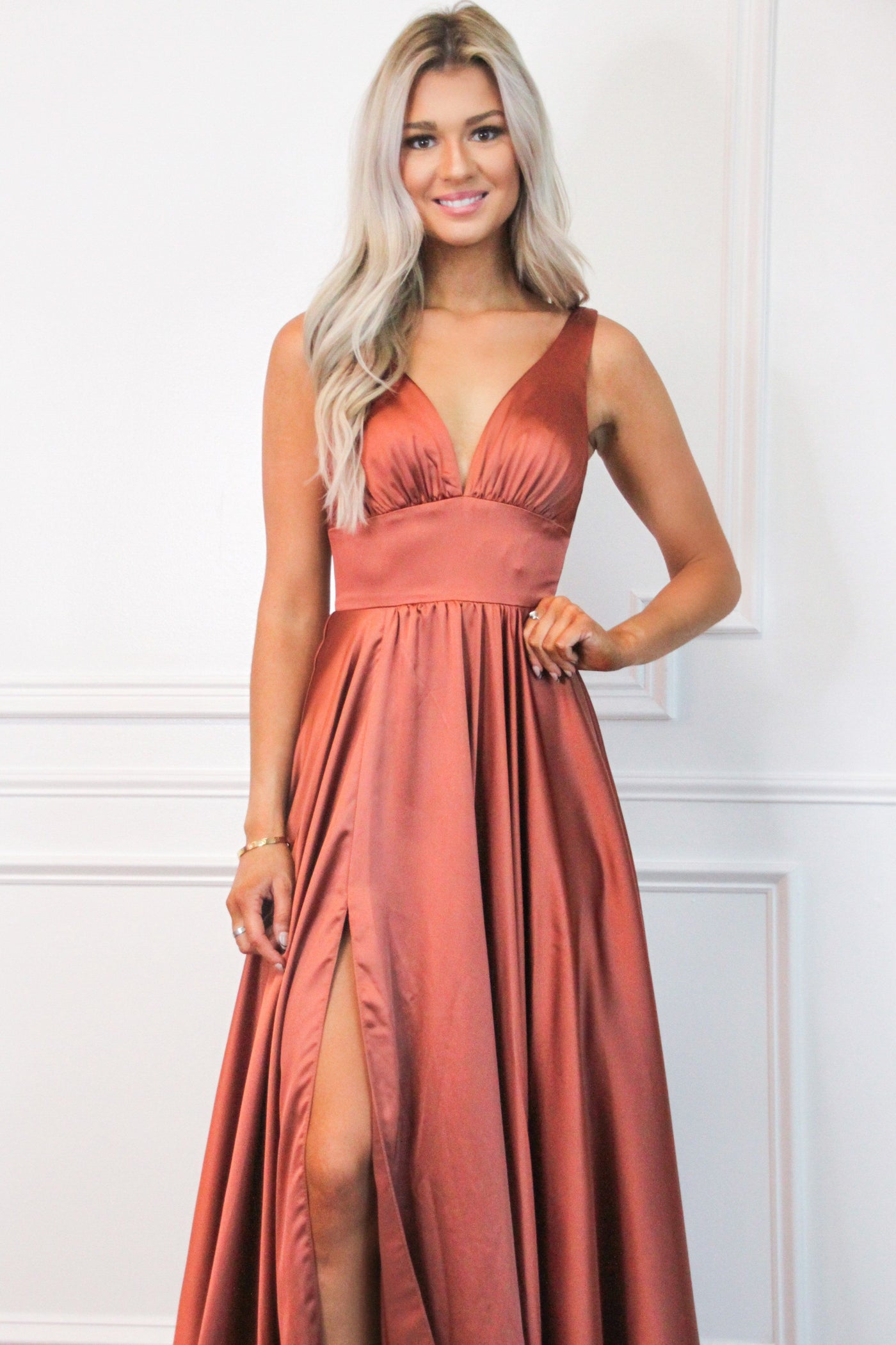 Remi Satin V-Neck Slit Formal Dress: Rust - Bella and Bloom Boutique