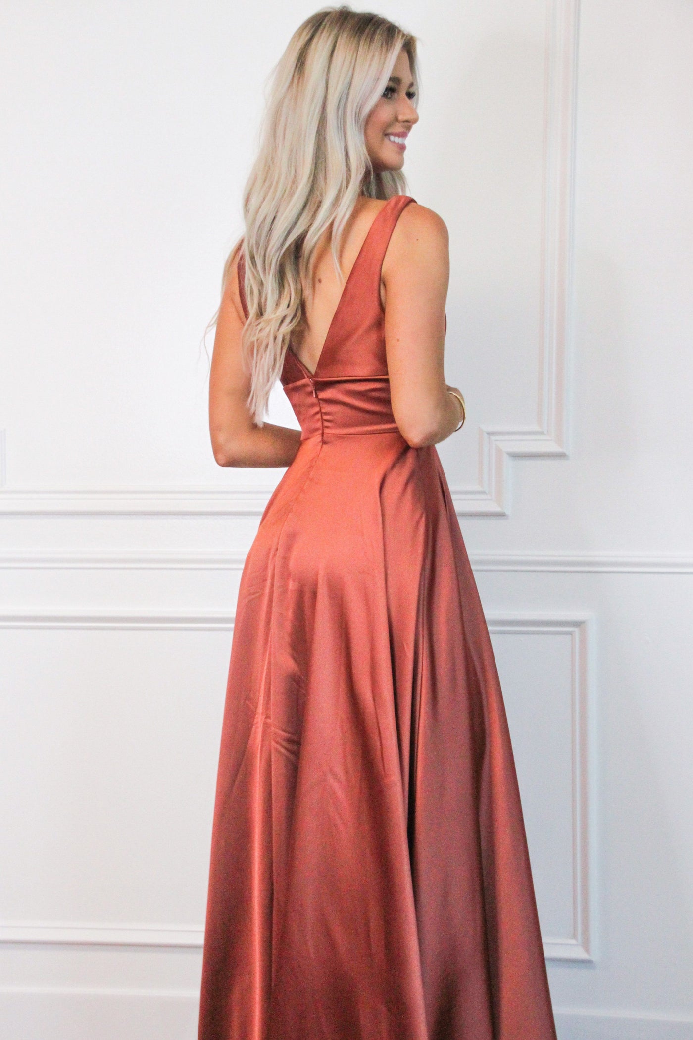 Remi Satin V-Neck Slit Formal Dress: Rust - Bella and Bloom Boutique
