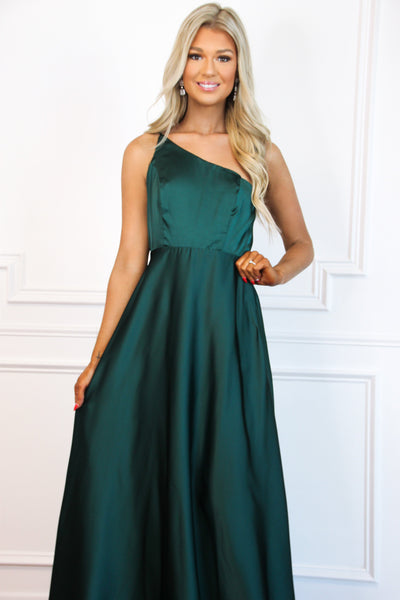 Be Our Guest One Shoulder Satin Dress: Emerald - Bella and Bloom Boutique