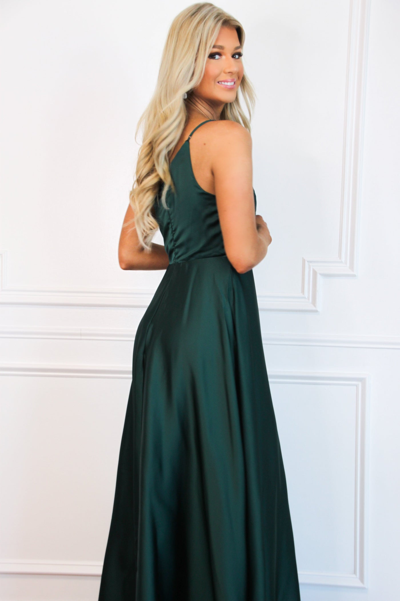 Be Our Guest One Shoulder Satin Dress: Emerald - Bella and Bloom Boutique