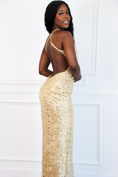 Shine Bright Open Back Sequin Formal Dress: Gold - Bella and Bloom Boutique