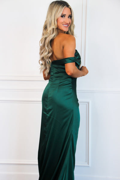 Set on Love Satin Off Shoulder Formal Dress: Emerald - Bella and Bloom Boutique