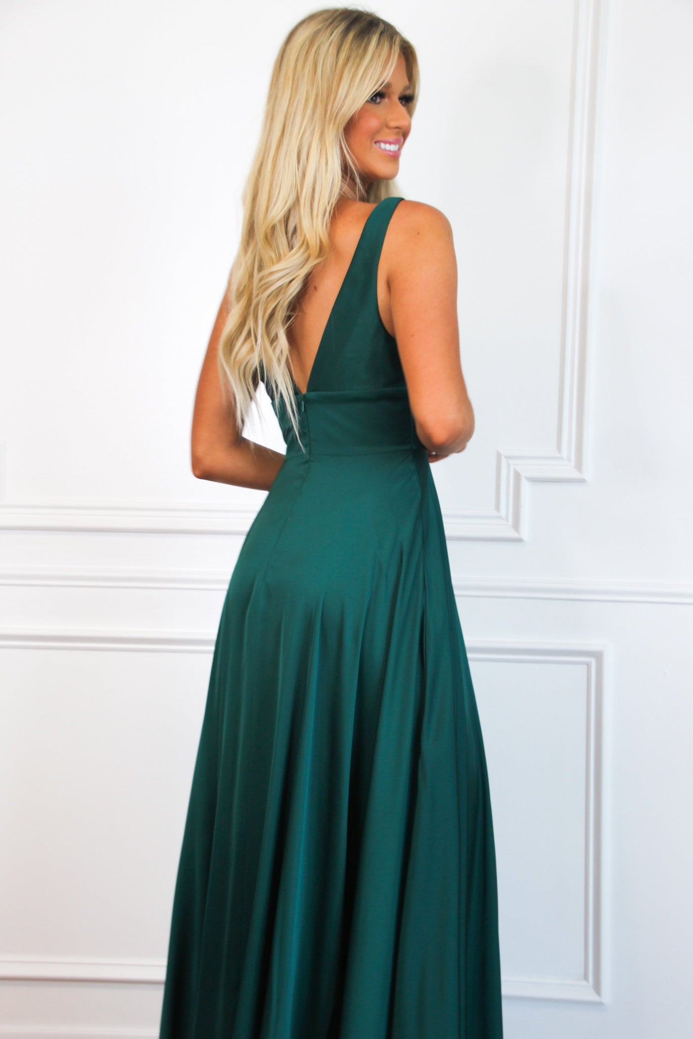 Remi Satin V-Neck Slit Formal Dress: Emerald - Bella and Bloom Boutique