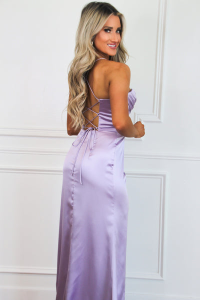 Melody of Love Satin Bustier Slit Dress: Lavender - Bella and Bloom Boutique