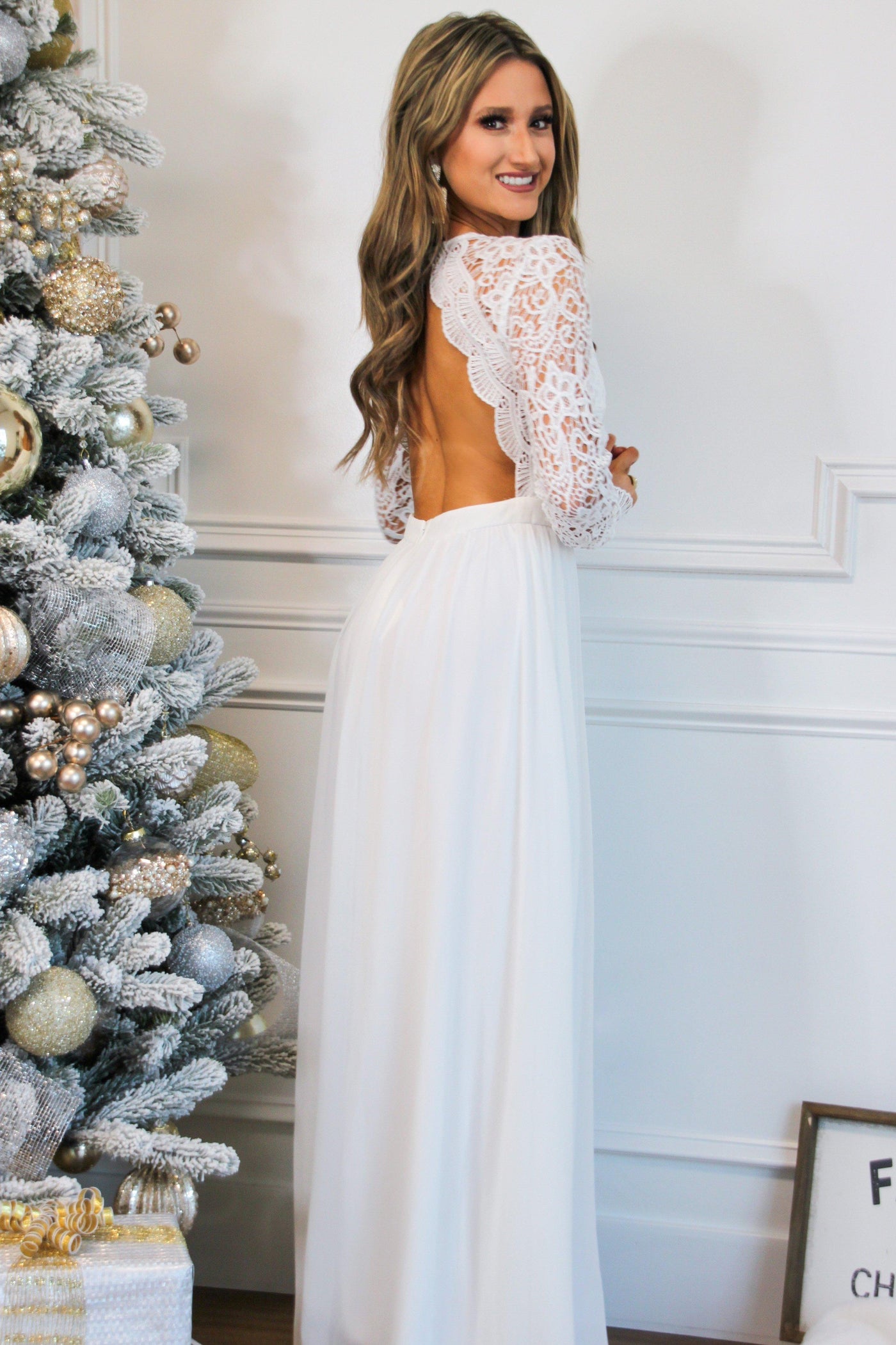 Winter Wonderland Lace Maxi Dress: White - Bella and Bloom Boutique