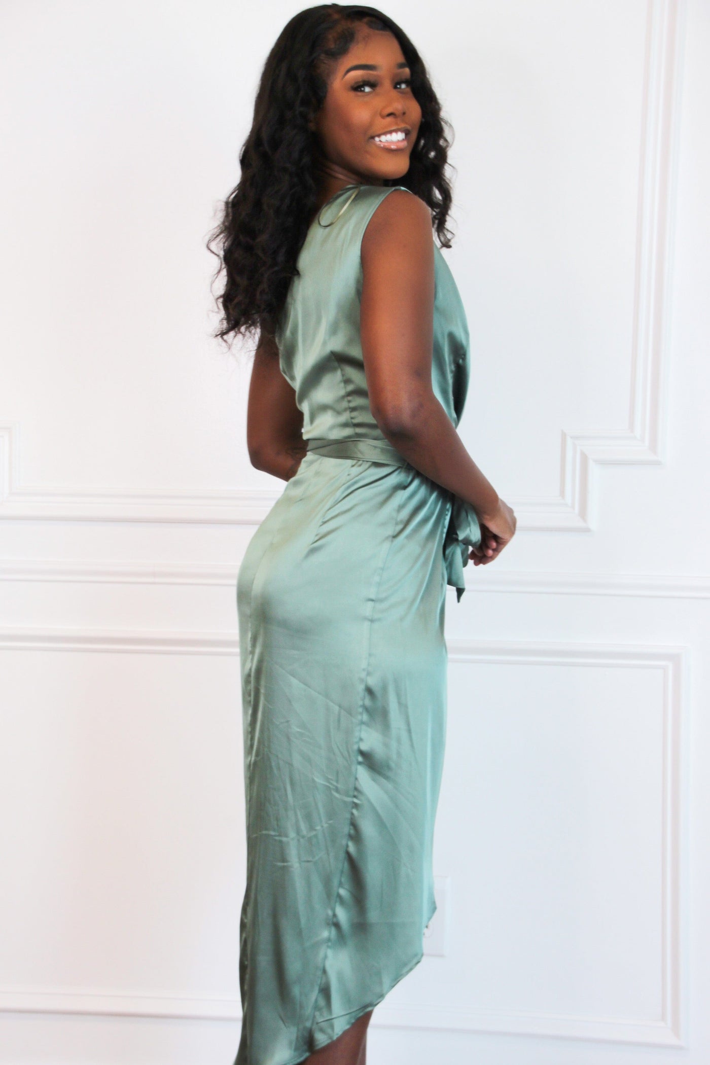 Camilla Satin Midi Dress: Sage - Bella and Bloom Boutique