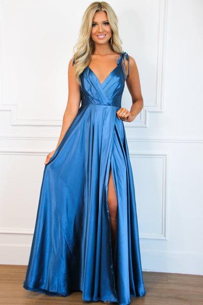 Born to Love You Satin Slit Formal Dress: Teal Navy - Bella and Bloom Boutique