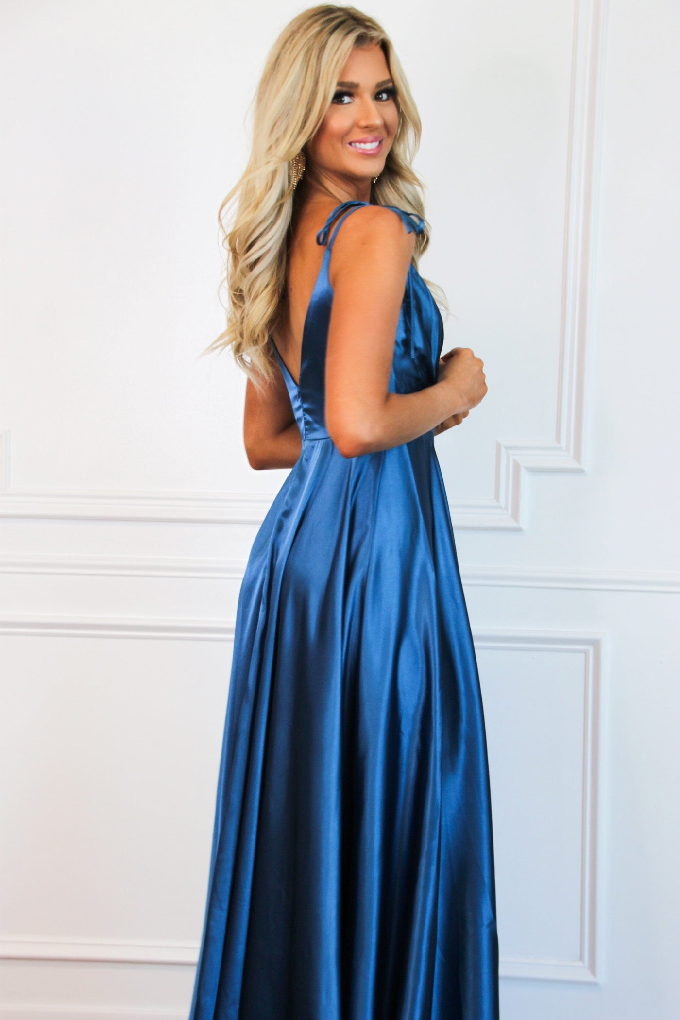 Born to Love You Satin Slit Formal Dress: Teal Navy - Bella and Bloom Boutique