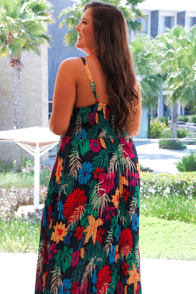 Tropicana Sunsets Pleated Maxi Dress: Navy Multi - Bella and Bloom Boutique