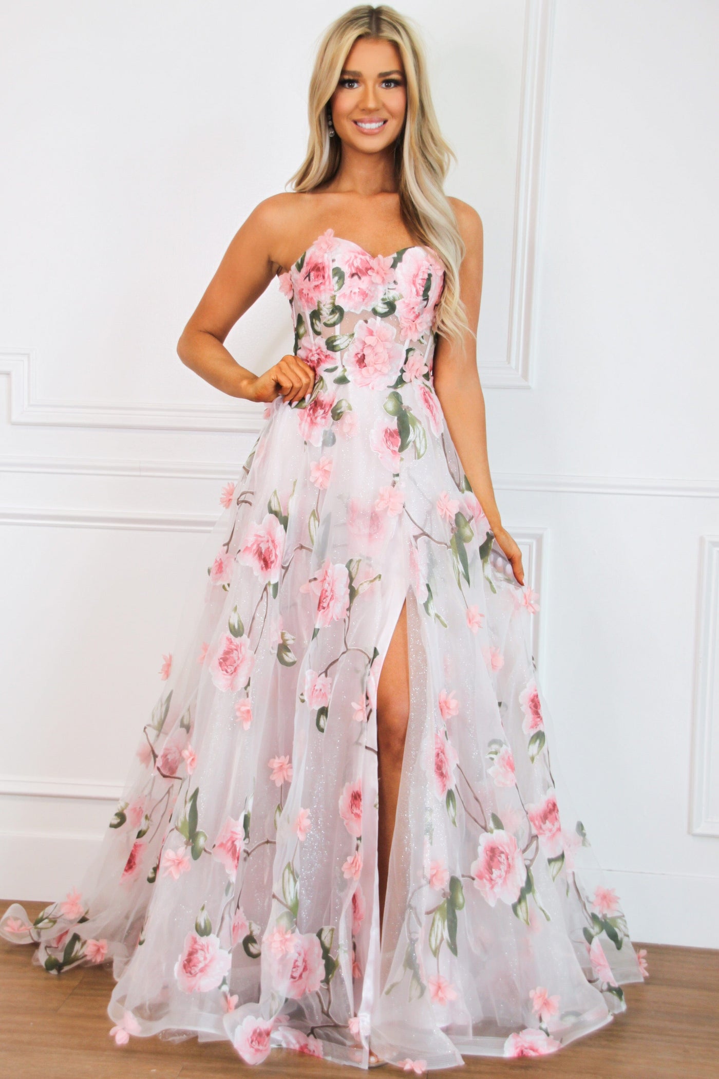 Bella and Bloom Boutique - Enchanted Florals Sparkly Bustier Formal Dress: Blush Multi 4 / Blush Multi Bella and Bloom Boutique - Enchanted Florals Sparkly Bustier Formal Dress: Blush Multi 4 / Blush Multi
