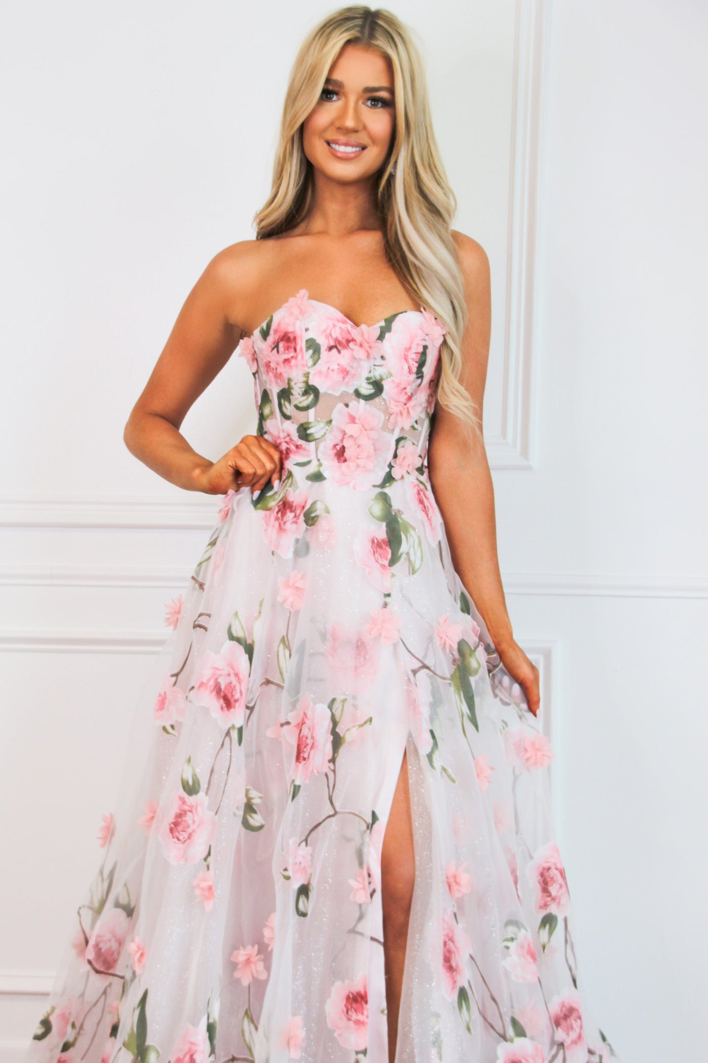 Bella and Bloom Boutique - Enchanted Florals Sparkly Bustier Formal Dress: Blush Multi 4 / Blush Multi Bella and Bloom Boutique - Enchanted Florals Sparkly Bustier Formal Dress: Blush Multi 4 / Blush Multi