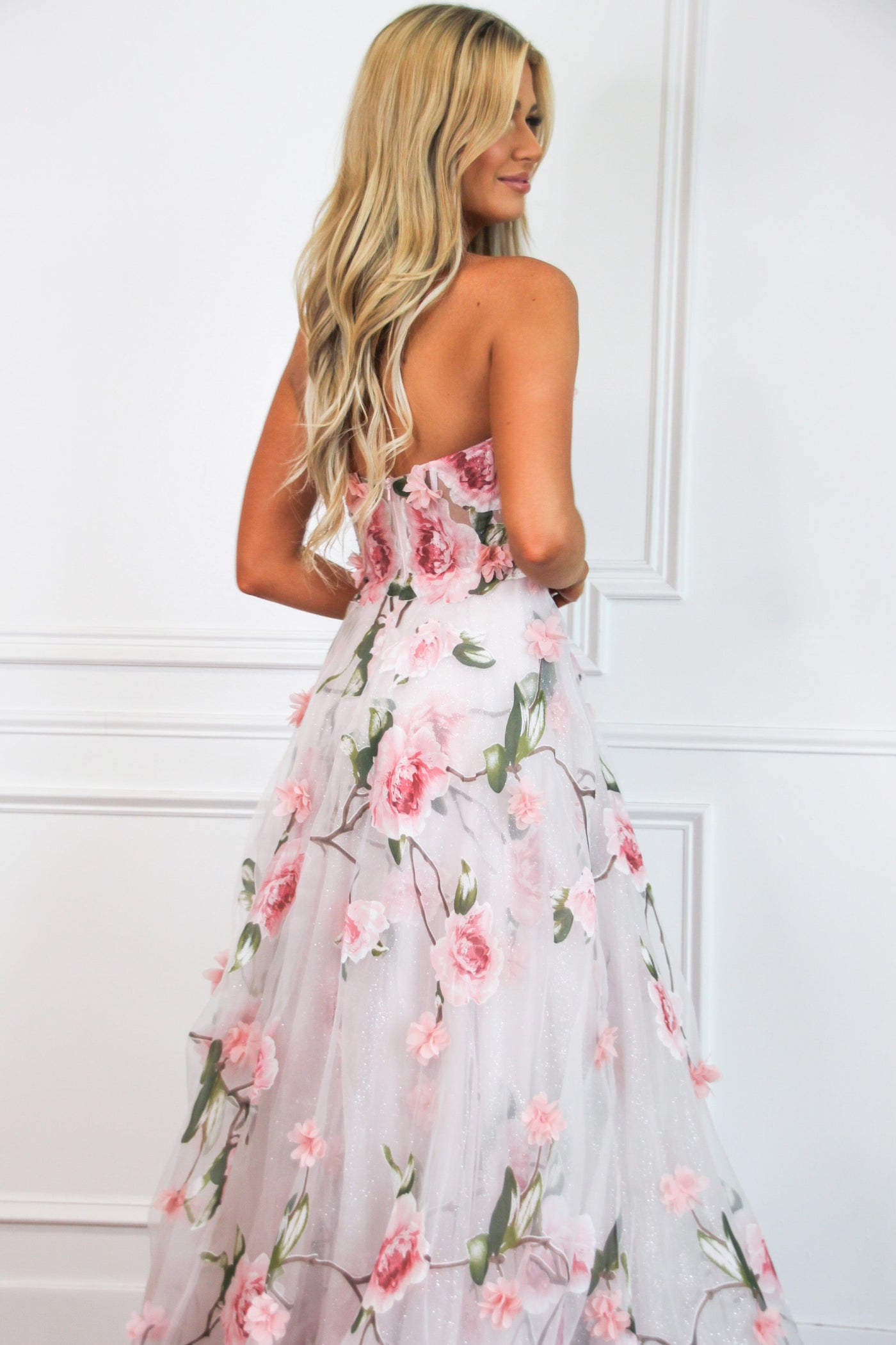 Enchanted Florals Sparkly Bustier Formal Dress: Blush Multi - Bella and Bloom Boutique