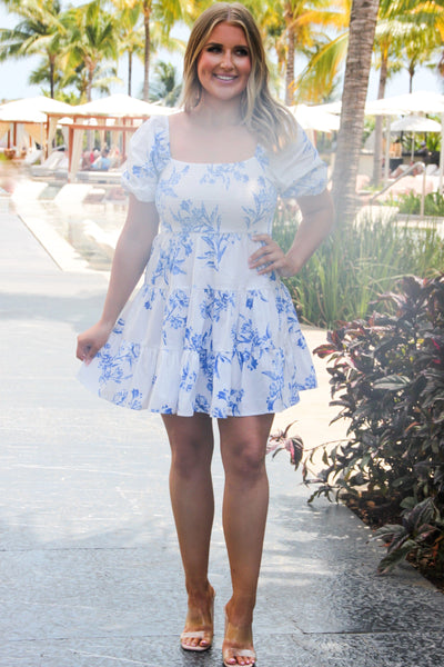 Take Me to Santorini Smocked Babydoll Dress: White/Blue - Bella and Bloom Boutique