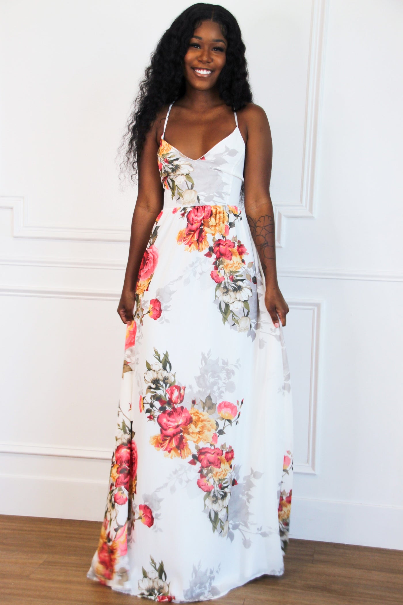 Garden Stroll Open Back Maxi Dress: White Multi - Bella and Bloom Boutique