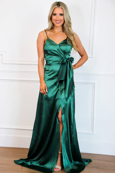 Leave You Lonely Satin Tie Formal Dress: Emerald - Bella and Bloom Boutique