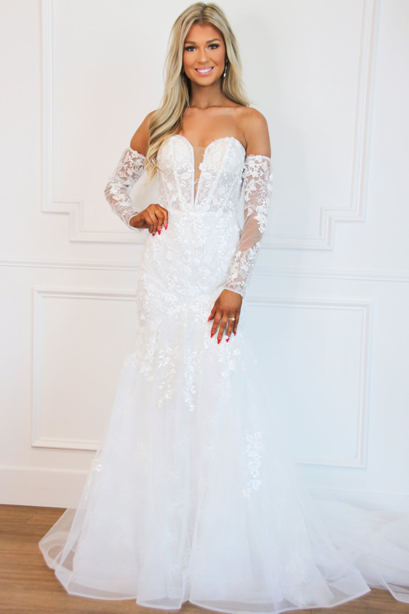 Magical Moments Floral Applique Off Shoulder Wedding Dress: White - Bella and Bloom Boutique
