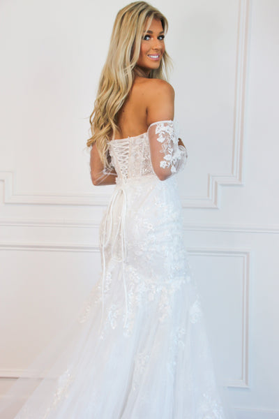 Magical Moments Floral Applique Off Shoulder Wedding Dress: White - Bella and Bloom Boutique