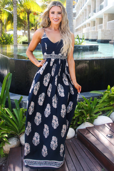 Under the Sunset Backless Maxi Dress: Navy - Bella and Bloom Boutique