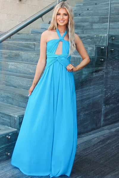 Misha Cutout Pleated Maxi Dress: Ocean Blue - Bella and Bloom Boutique