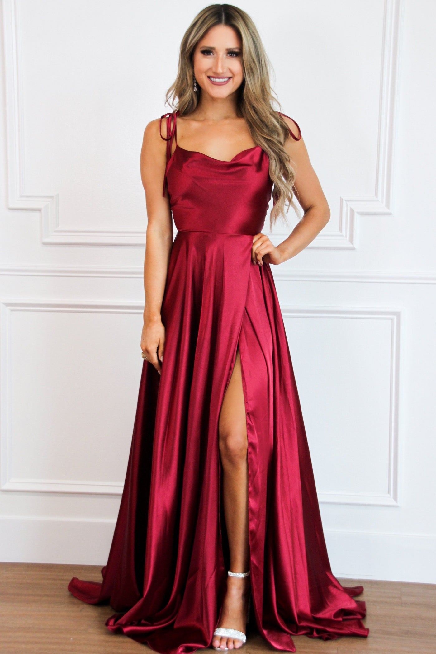 Bella and Bloom Boutique - Tonight's the Night Satin Formal Dress: Burgundy