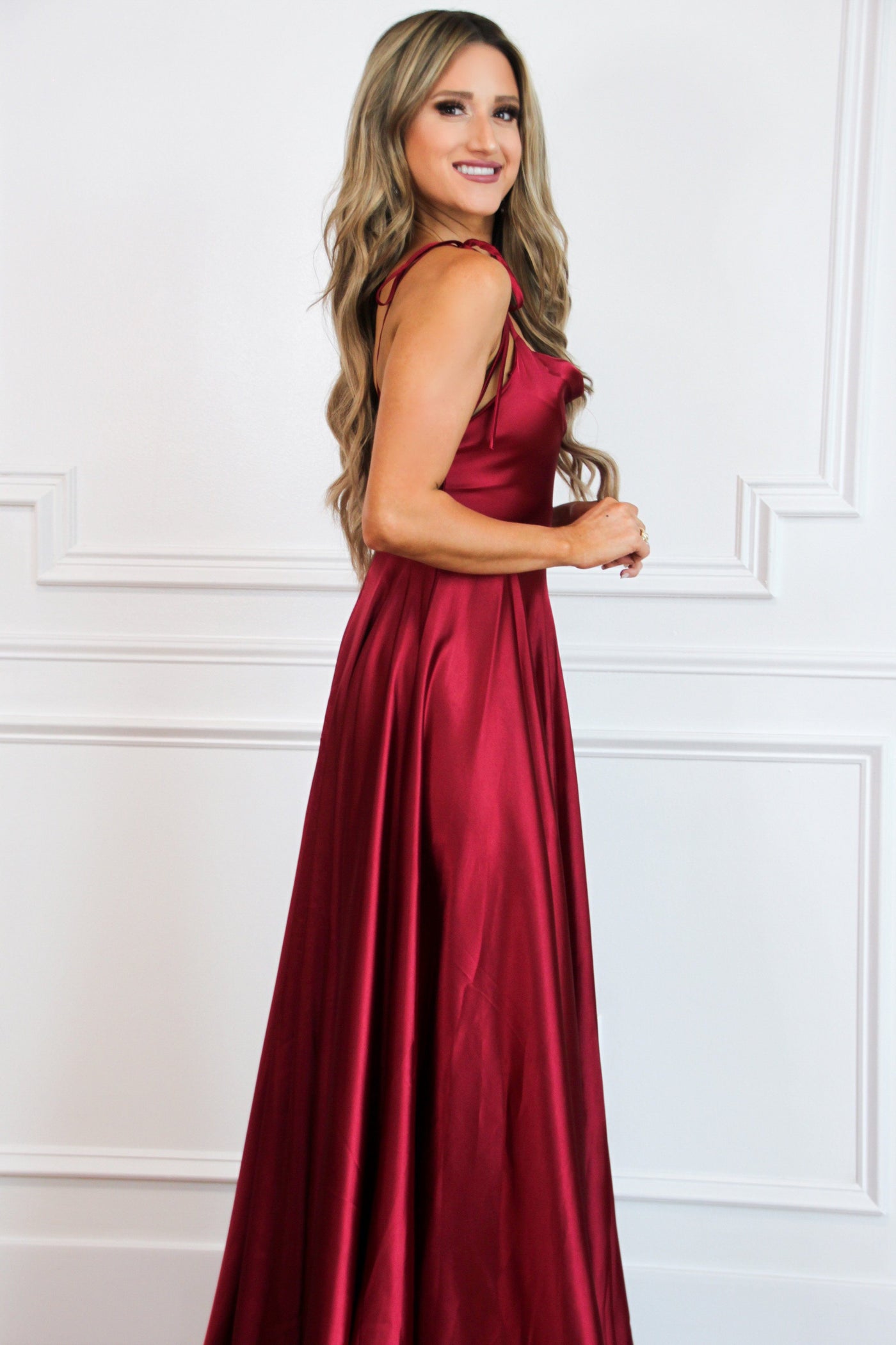 Tonight's the Night Satin Formal Dress: Burgundy - Bella and Bloom Boutique