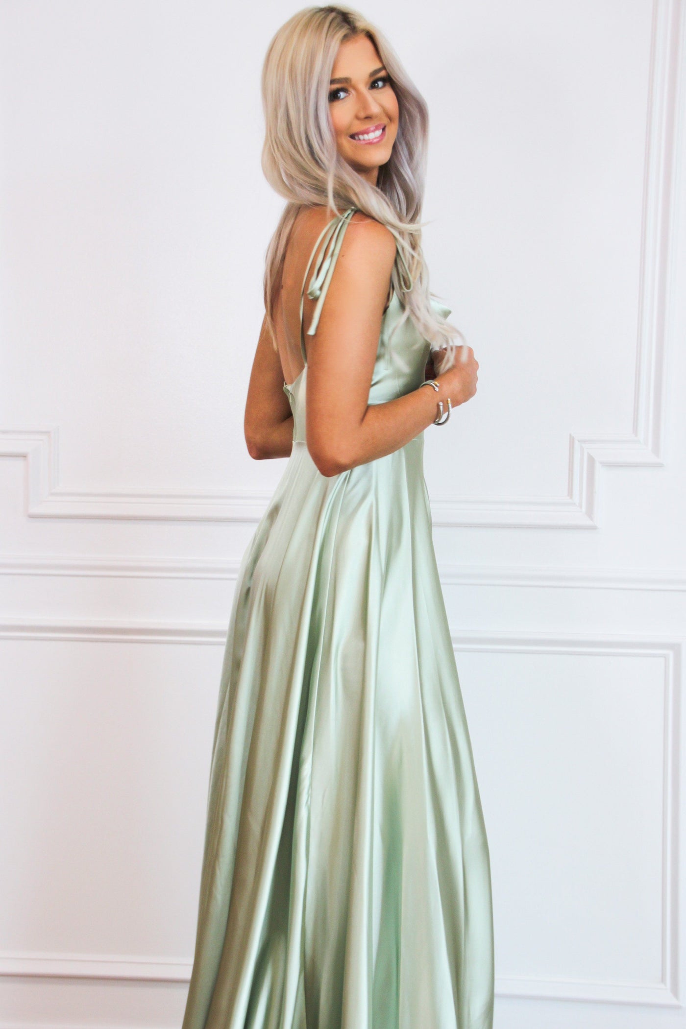 Tonight's the Night Satin Formal Dress: Sage - Bella and Bloom Boutique