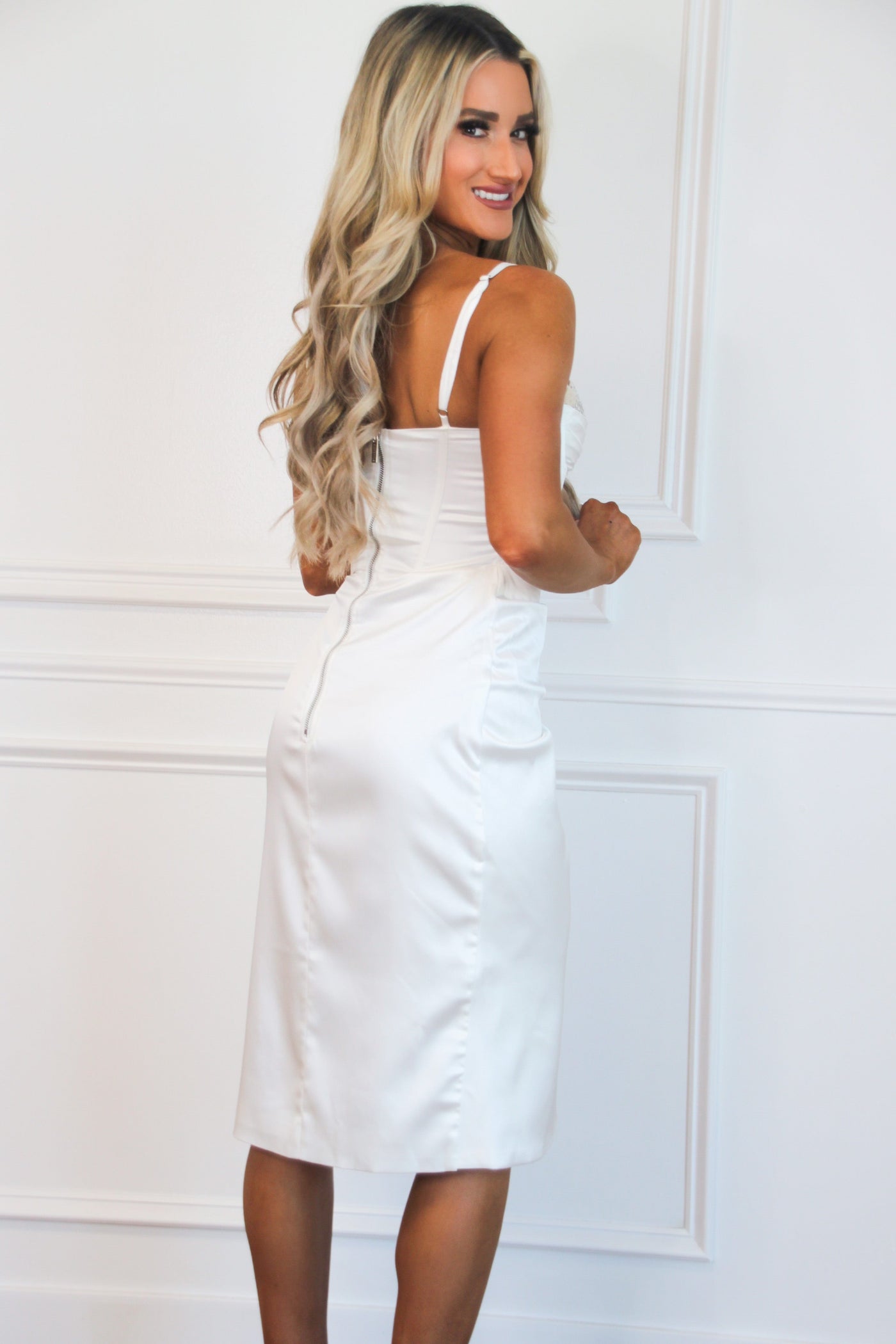 Nyla Embellished Bustier Midi Dress: White - Bella and Bloom Boutique