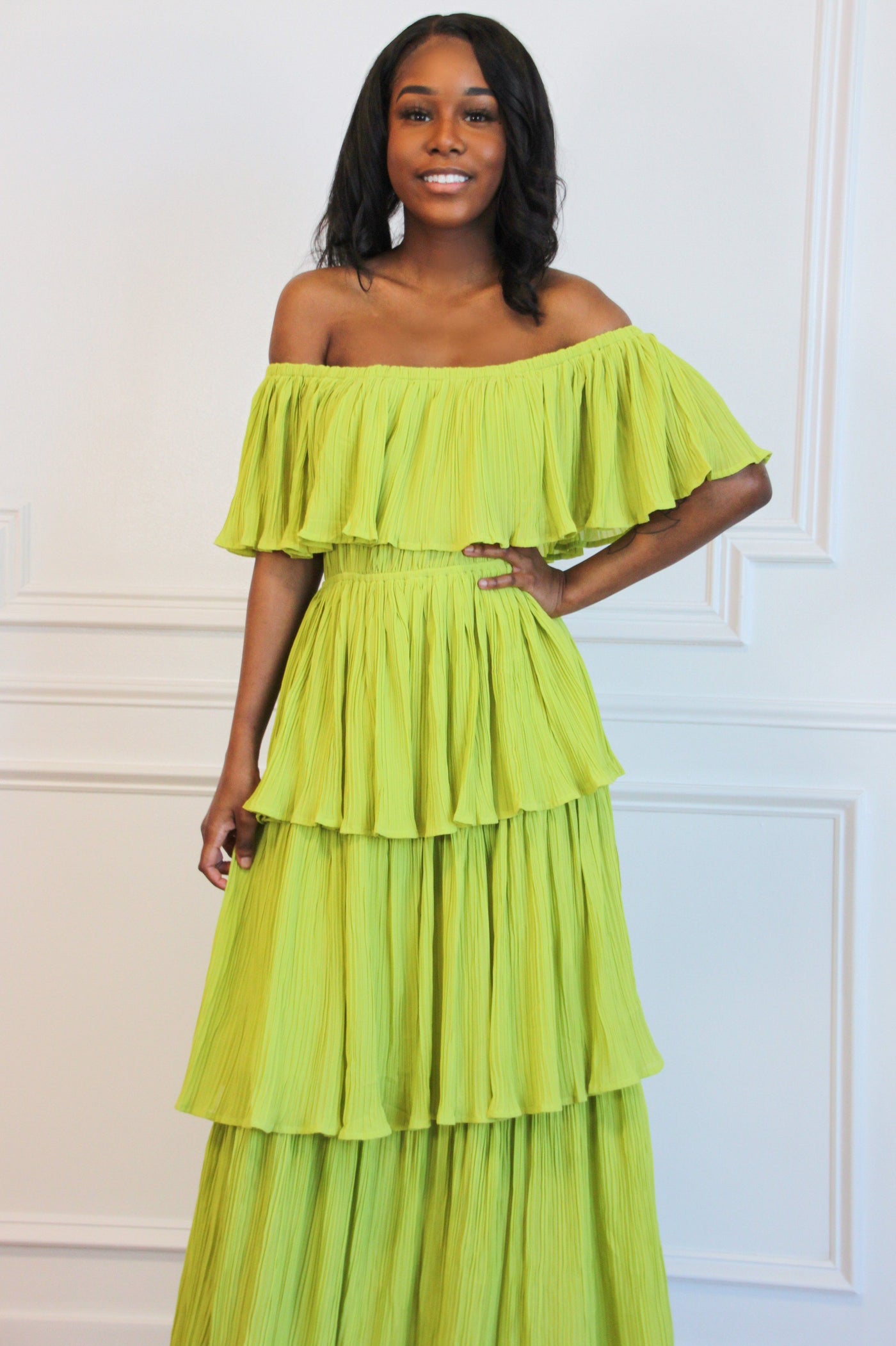 chartreuse midi dress Ruched Waist Chartreuse / L Fits true to size. Bella and Bloom Boutique -