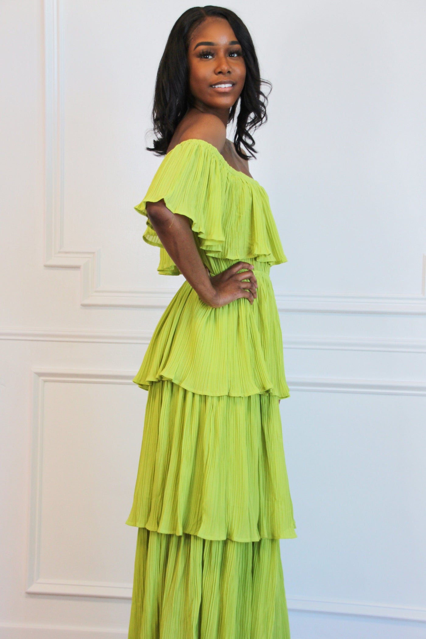 Tiered Beauty Midi Dress: Chartreuse - Bella and Bloom Boutique
