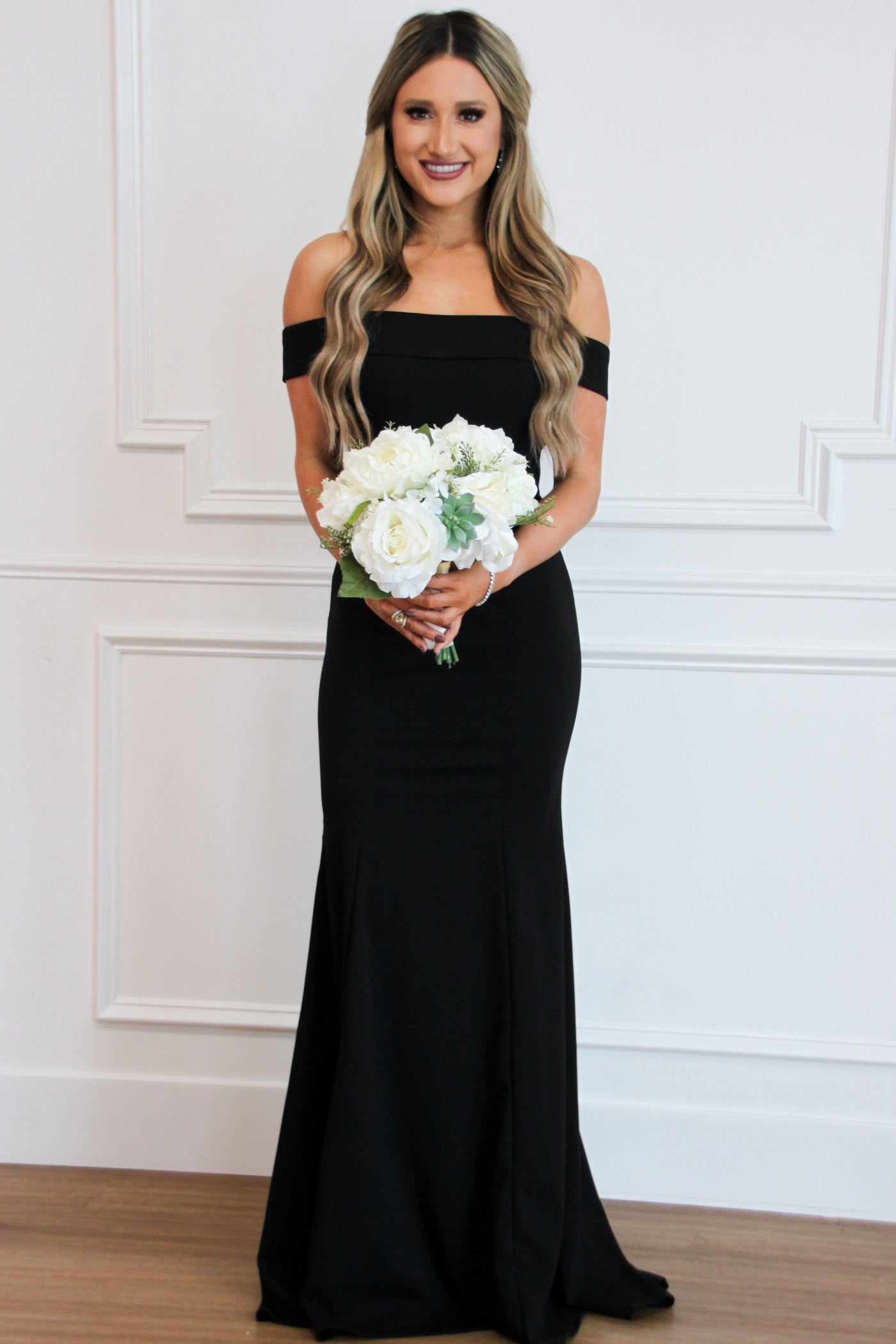 Whitney Off Shoulder Long Dress: Black - Bella and Bloom Boutique