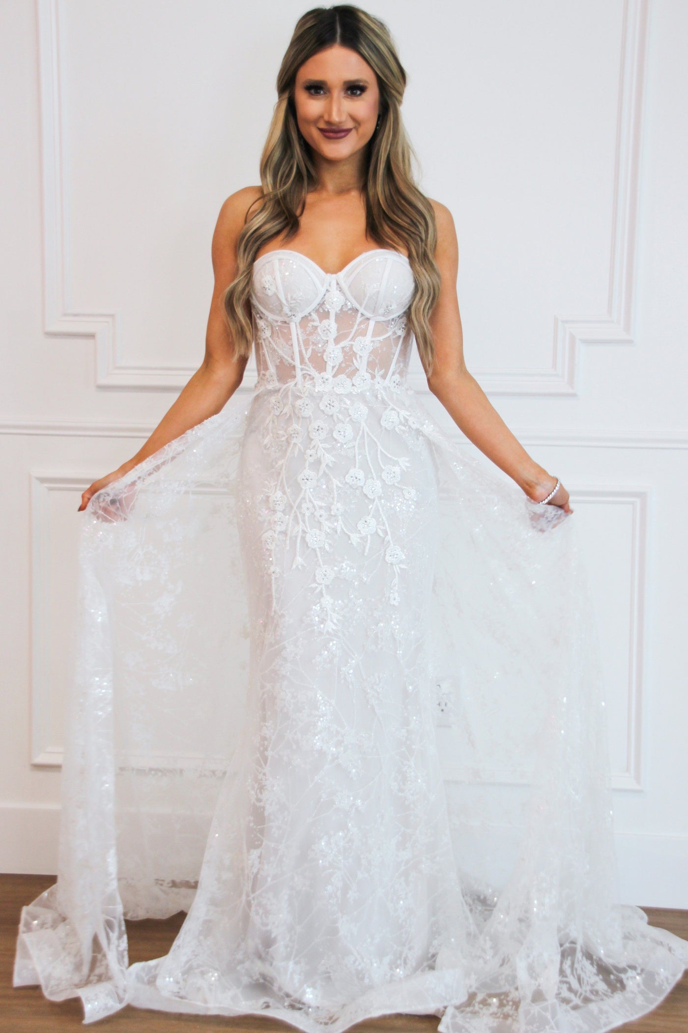 Sealed With A Kiss Bustier Cape Wedding Dress - Bella and Bloom Boutique