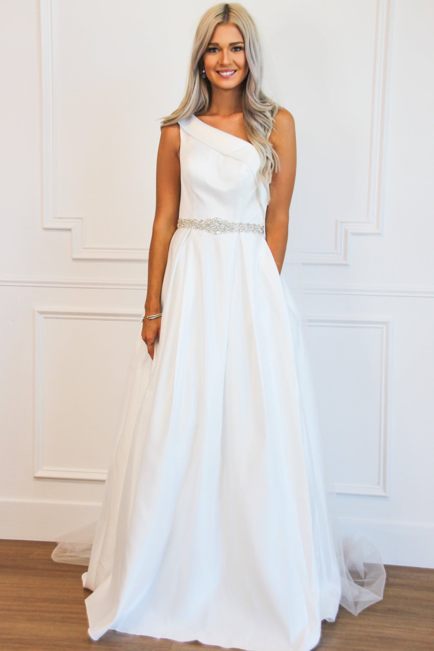 Timeless Beauty One Shoulder Ball Gown Wedding Dress: White - Bella and Bloom Boutique