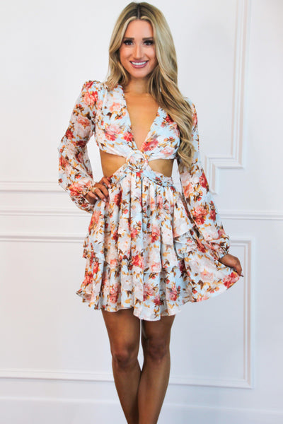 Take Your Time Floral Cutout Dress: Light Blue - Bella and Bloom Boutique