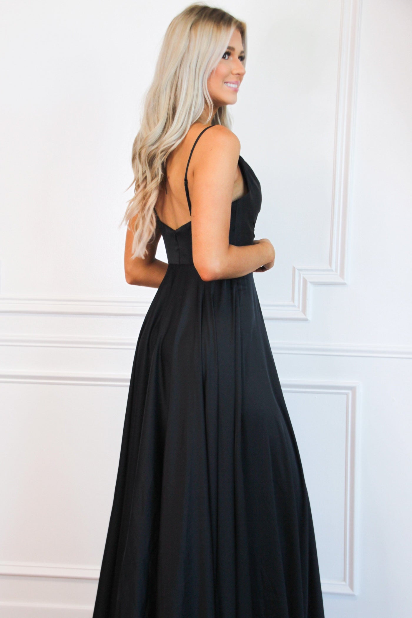 Ella Satin Slit Formal Dress: Black - Bella and Bloom Boutique