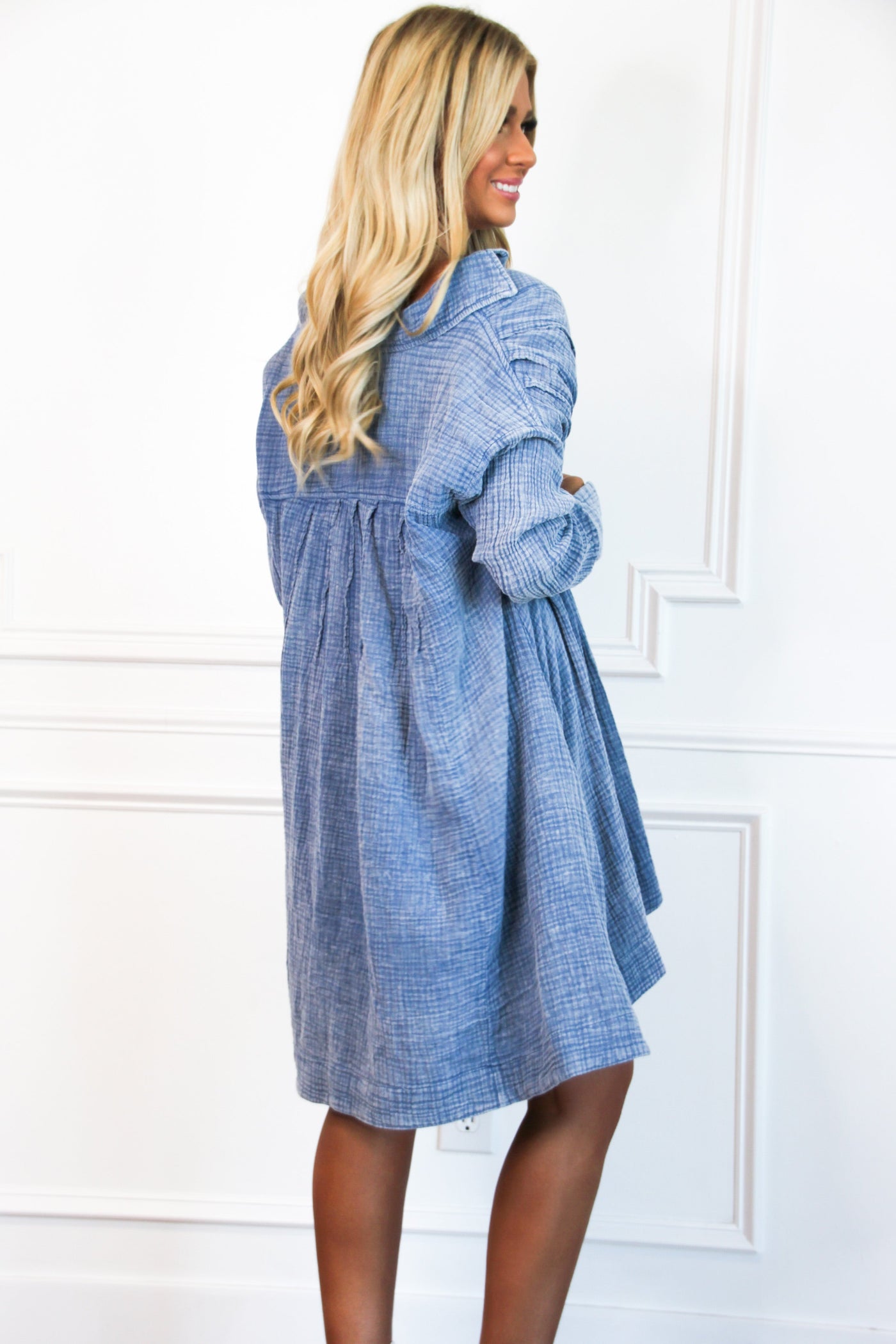 Jillian Chambray Tunic Dress: Blue - Bella and Bloom Boutique